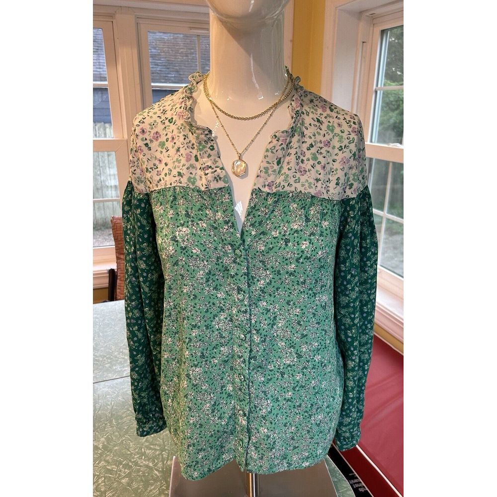 Floral Patchwork Button-Front Women's Top in Green